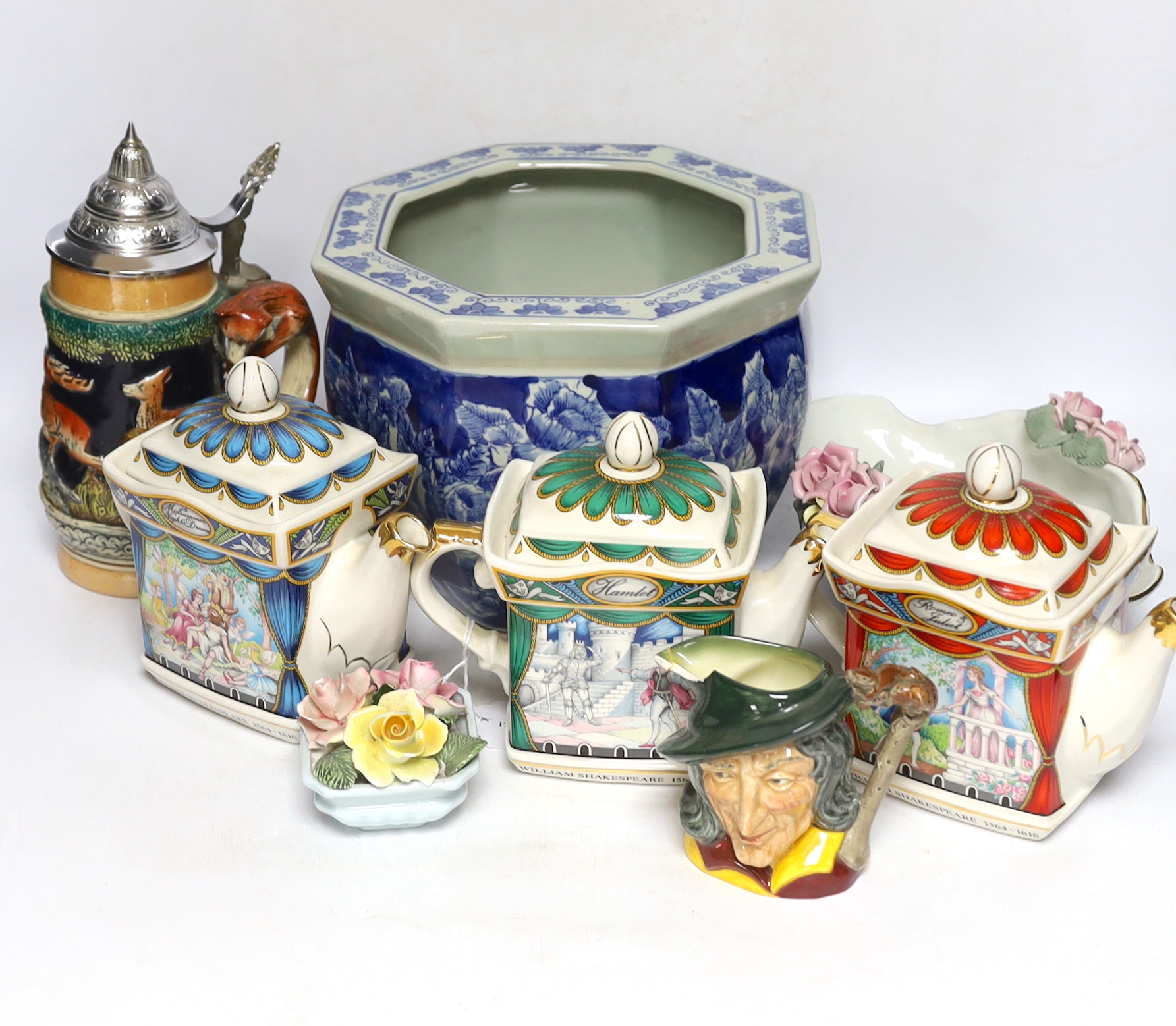 Three Sadler pottery teapots, a blue and white Chinese jardiniere, etc. (8)
